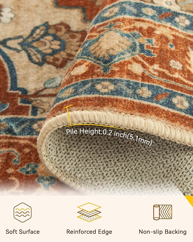 RELEANY Area Rugs Round 5ft Washable Non-Slip, Floral Vintage Distress Print - Image 3