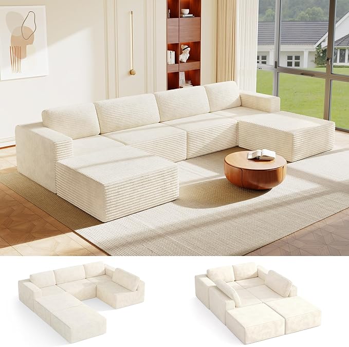 Vesgantti 159" Large Modular Sectional Sofa, U-Shaped Corduroy Cloud Couch by Vesgantti