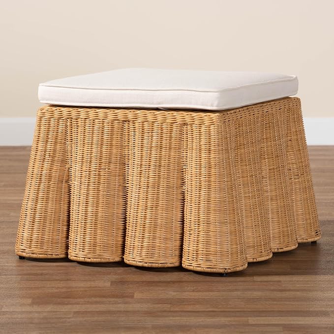 Bali & pari Palm Bohemian Honey Scallop Rattan Ottoman - Image 7