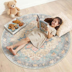 RELEANY Area Rugs Round 4ft Washable Non-Slip, Floral Vintage Distress Print by RELEANY