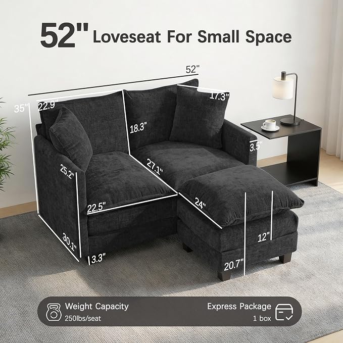 52'' Loveseat Sofa with Ottoman, Modern Cloud Sofa Couch with 27" Deep Seat - Image 2