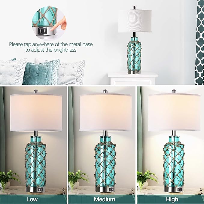 Cottage Nautical Accent Table Lamp Set of 2, Touch Control Coastal Blue Green - Image 3