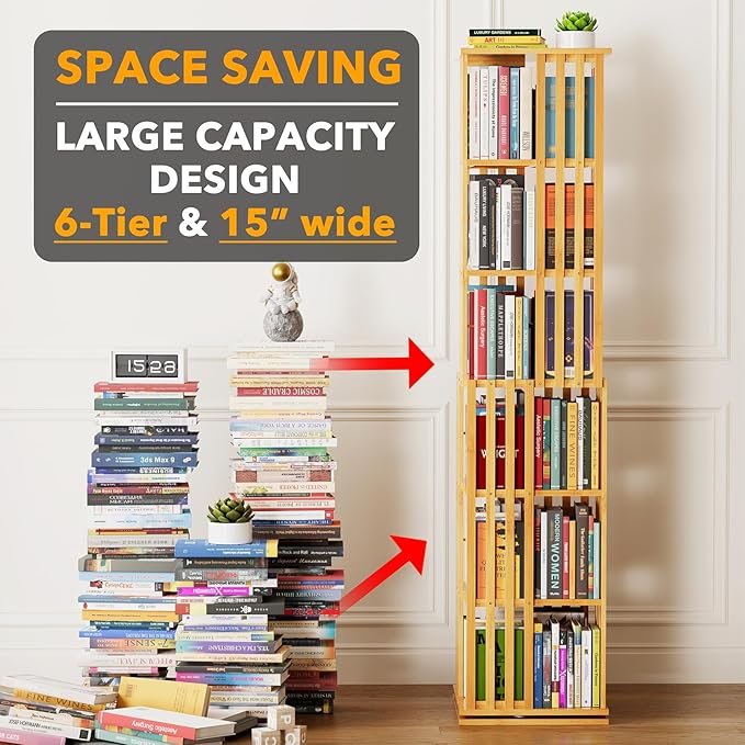 SpaceAid 6 Tier Rotating Bookshelf Tower, Bamboo Spinning Book Shelf, Revolving - Image 3