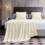 Homiest Cable Knit Throw Blanket & Pillow Set, Cream White Set of 3, Knitted - Image 5