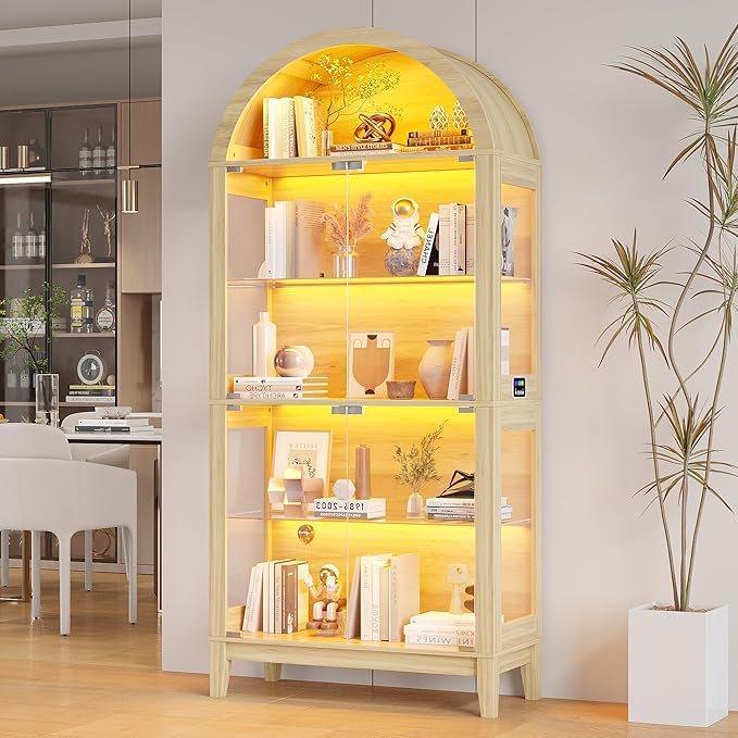 HNEBC Arched Book Shelf with Glass Doors, LED Bookcase with RGB Lights by HNEBC