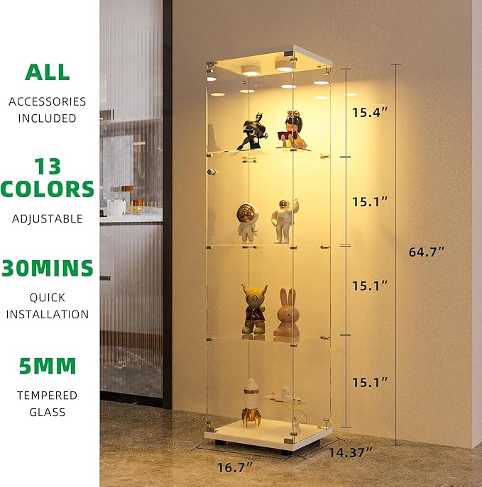 FANYUSHOW Display Cabinet with Glass Door and LED Light, 4-Tier Tempered Glass - Image 2