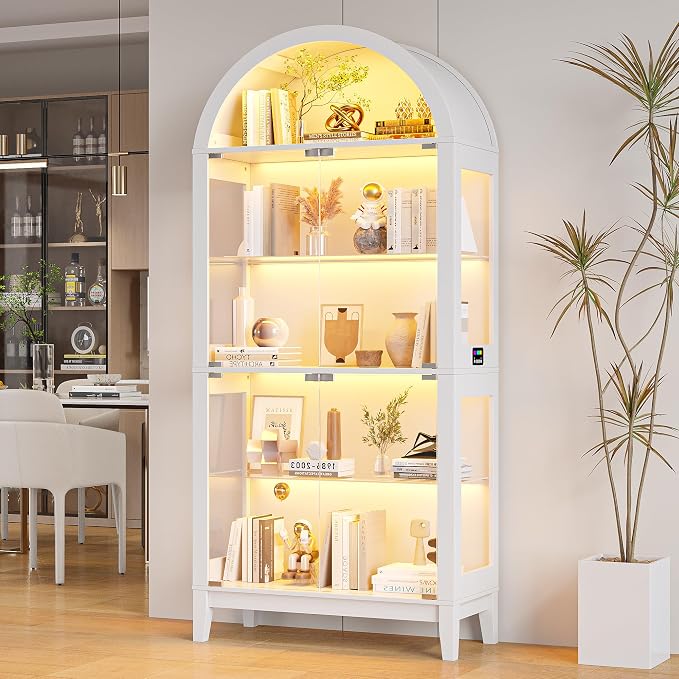 HNEBC Arched Book Shelf with Glass Doors, LED Bookcase with RGB Lights by HNEBC