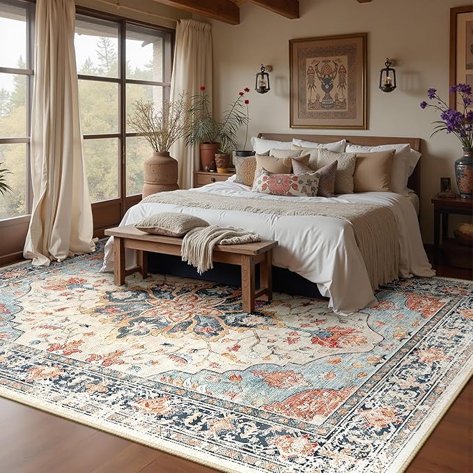 RELEANY Area Rugs 9'x12' Washable Non-Slip, Floral Vintage Distress Print - Image 2