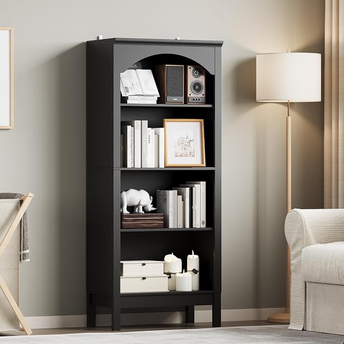 Arched Bookshelf with 4 Tier Open Shelves, Study and Living Room, Modern Black - Image 7