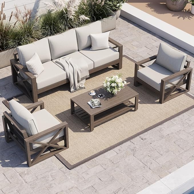 UDPATIO Aluminum Patio Furniture Set, Faux Wood Grain Modern Outdoor Furniture by UDPATIO