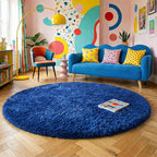 Navy Blue Round Rug 6Ft for Boys Bedroom, Large Fluffy Fuzzy Circle Area Rugs by Amdrebio