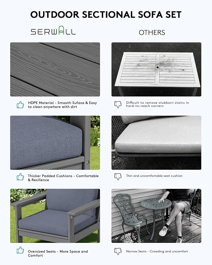 SERWALL HDPE Patio Sofa Set, 3-piece Sectional Outdoor Furniture Set, All - Image 5