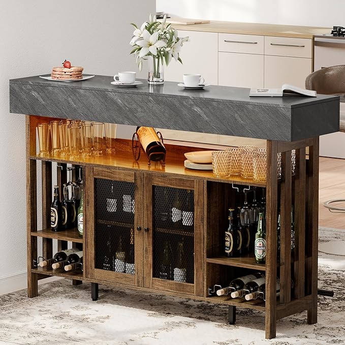 Loomie Bar Table Cabinet with Grey Marble Top & LED Lights & 2 Drawers - Image 9