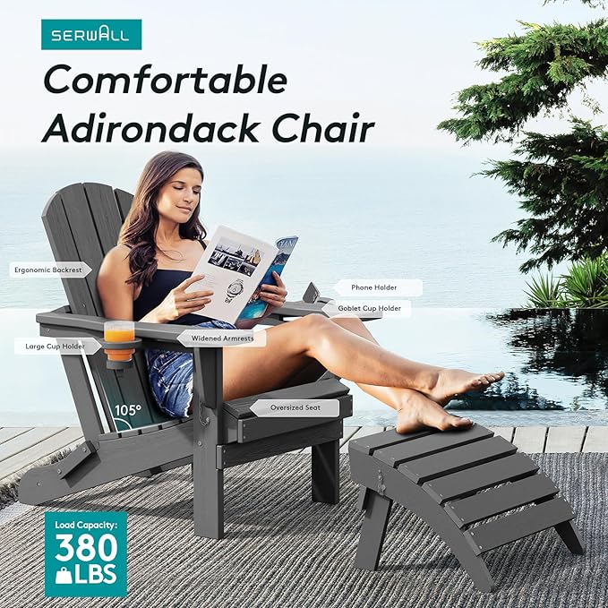 SERWALL Foldable Adirondack Chair Set of 4, HDPE Adirondack Chair - Image 6