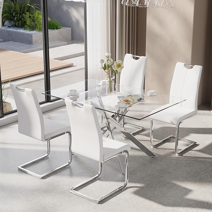5-Piece Dining Table Set for 4, Modern Rectangular Glass Table by KATBOCFurniture