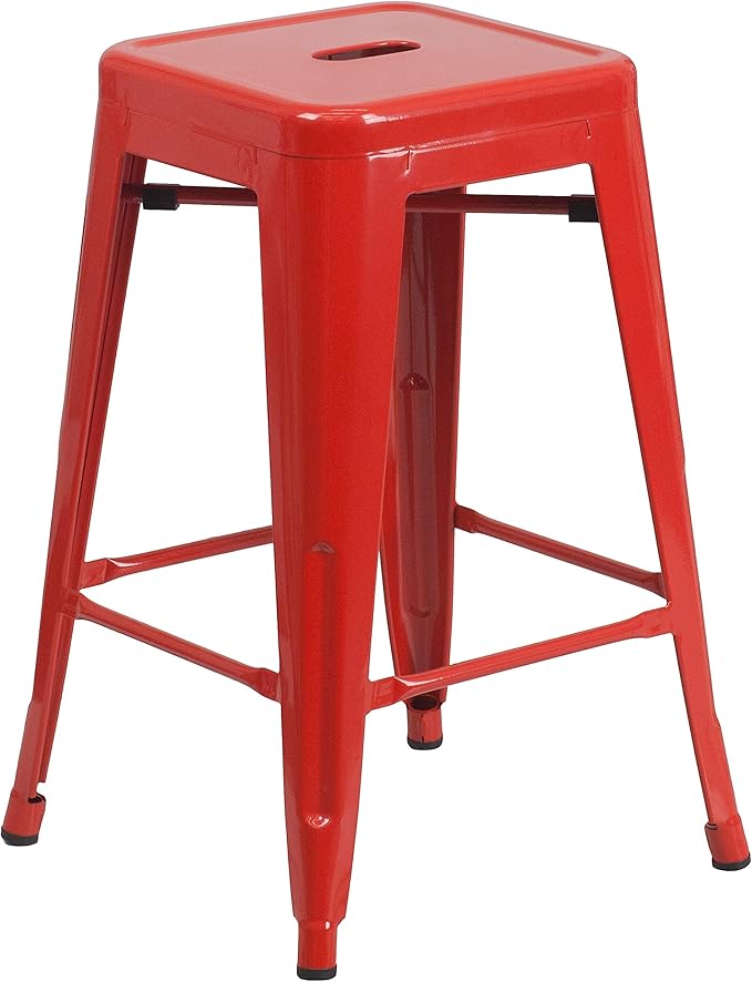 Flash Furniture Kai Commercial Grade 24" High Backless Red Metal Indoor-Outdoor by FlashFurniture