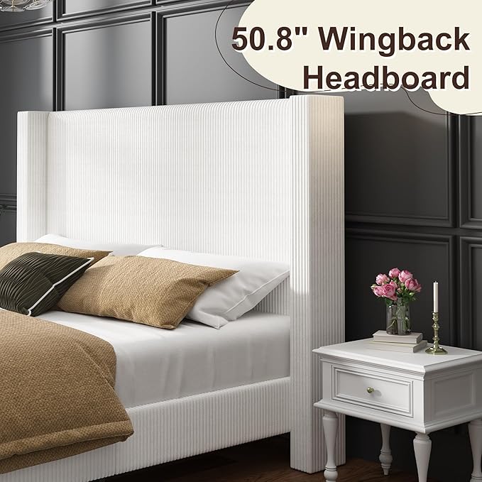 HOWE Queen Size Bed Frame with 50.8" Tall Wingback Headboard, Modern Corduroy - Image 5