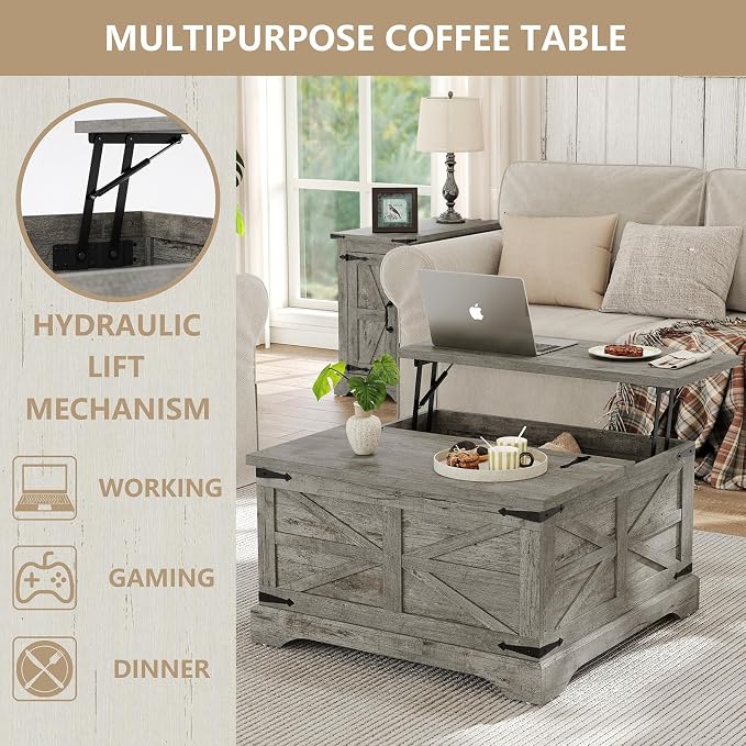 Furnideco Farmhouse Lift Top Coffee Table, Square Wood Center Table - Image 7
