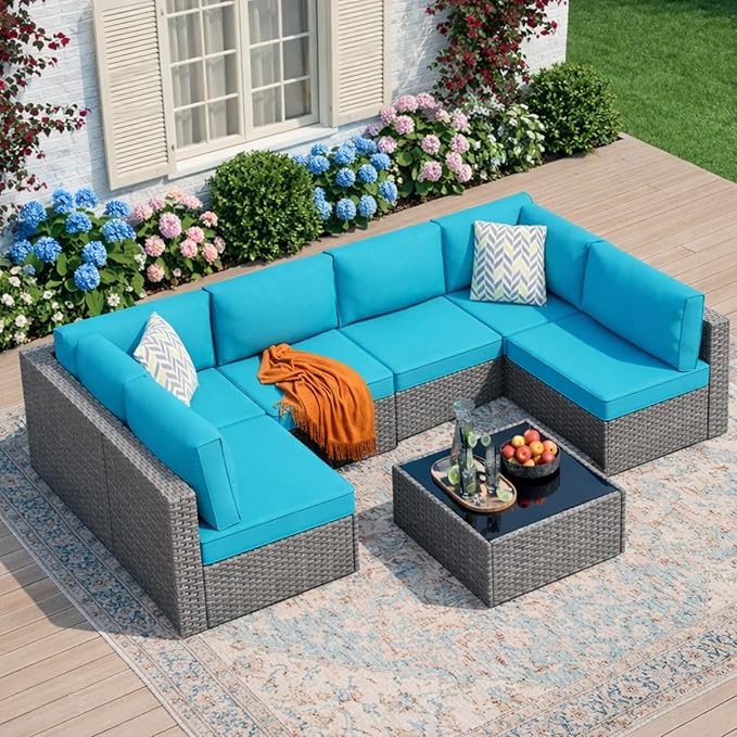 JAMFLY 7-Piece Outdoor Patio Furniture Set, Modular PE Rattan Sectional Sofa by JAMFLY
