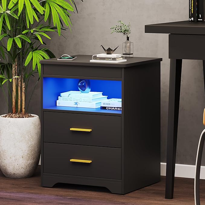 Night Stand with Gun Drawer, Charging Bedside Table with USB & Type-C Port - Image 7