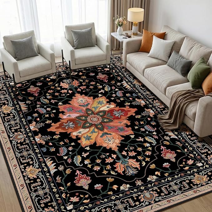RELEANY Area Rugs 5'x7' Washable Non-Slip, Floral Vintage Distress Print by RELEANY