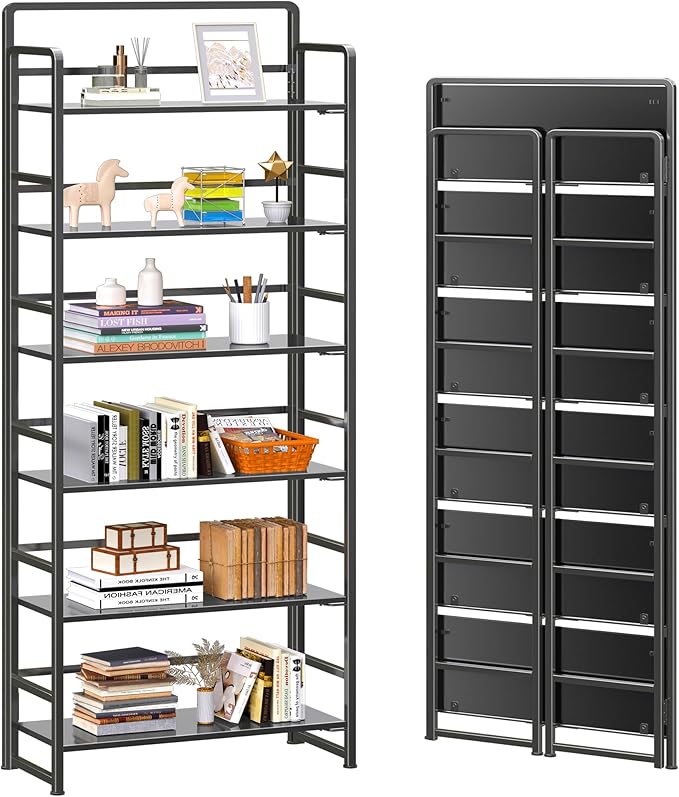 4NM No Assembly 6 Tiers Folding Bookshelf Storage Shelves Vintage Bookcase by 4NM