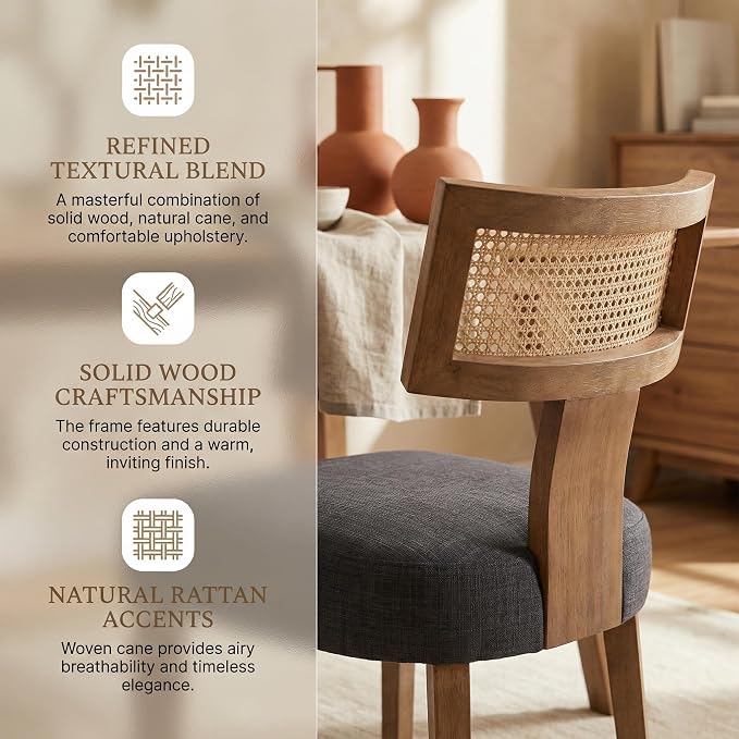 HNY Mid Century Modern Rattan Dining Chairs Set of 6, Farmhouse Linen - Image 4