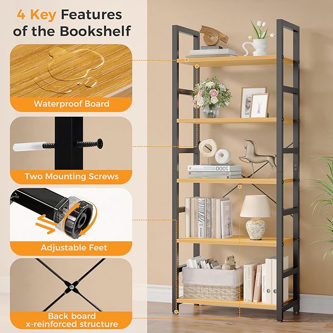 DUMOS 5-Tier Bookshelf, Modern Tall Bookcase, Open Storage Display Shelf - Image 8