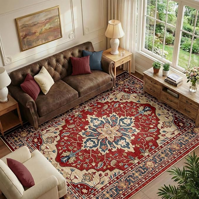 RELEANY Area Rugs 6'x9' Washable Non-Slip, Floral Vintage Distress Print by RELEANY