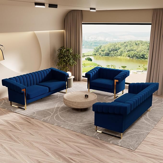 Mid-Century Modern Blue Velvet Single Sofa - Image 8