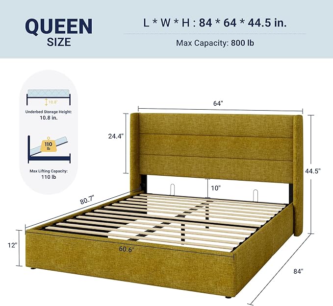 Allewie Queen Size Lift Up Storage Bed, Modern Wingback Headboard, Hydraulic - Image 2