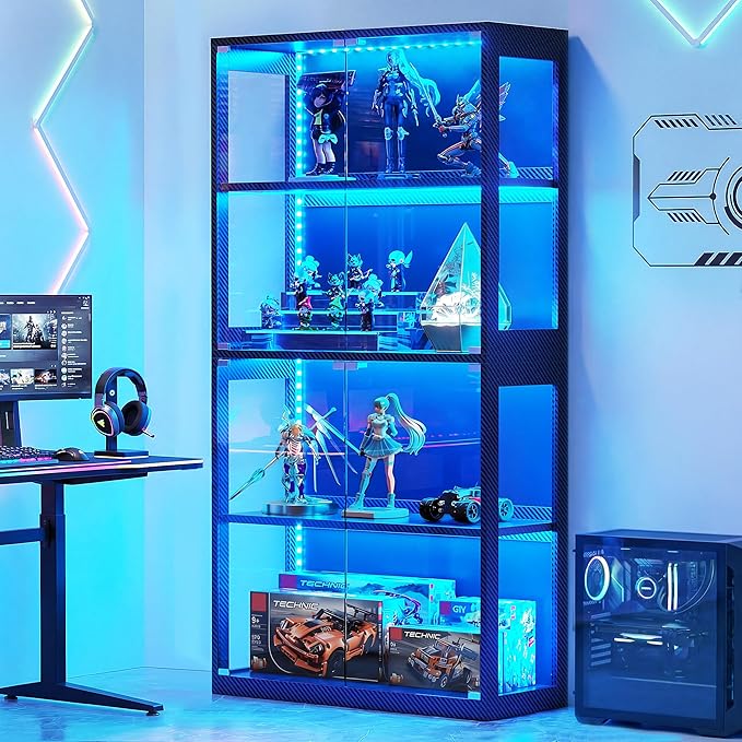 AODK Display Case with RGB Lights, 4-Tier Display Cabinet with Glass Doors and by AODK