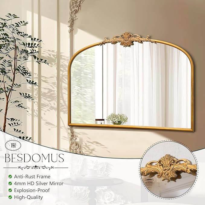 Besdomus Antique Arched Gold Mirror: 32"x24" French Large Gleaming Gold Antique - Image 6