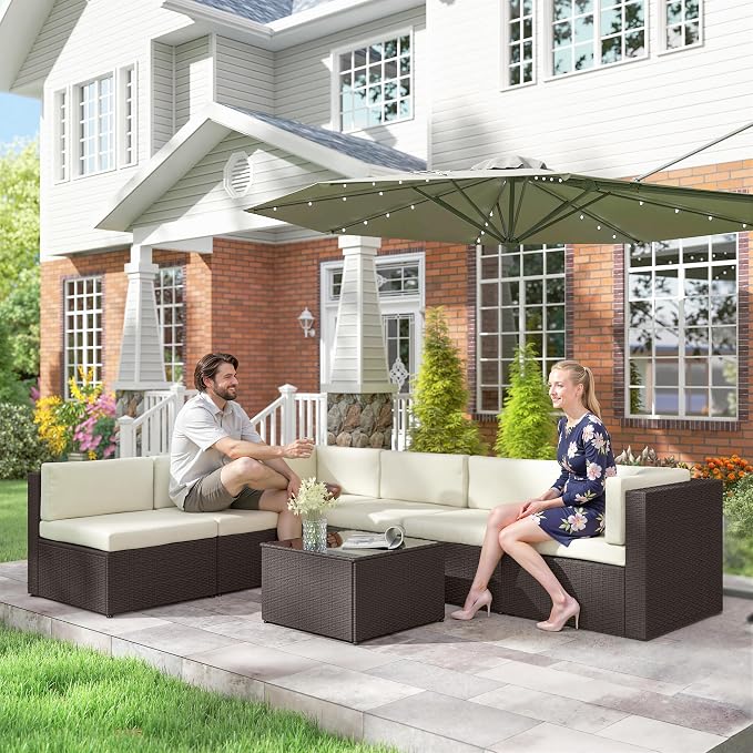Outsunny 7 Piece Patio Furniture Set, Wicker Outdoor Sectional Sofa Set - Image 9