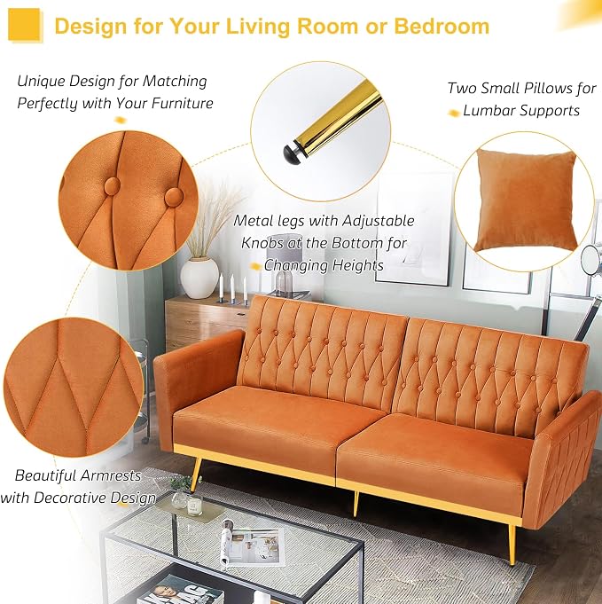 70” Velvet Futon Sofa Bed w/Adjustable Armrests & 2 Pillows, Convertible Futon - Image 4