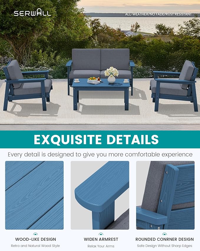 SERWALL HDPE Outdoor Furniture Set, 7 Piece All Weather Wood-Like Outdoor Sofa - Image 4