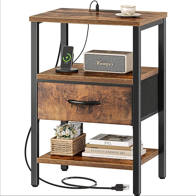 SUPERJARE Nightstand with Charging Station, Bed Side Table with Adjustable by SUPERJARE
