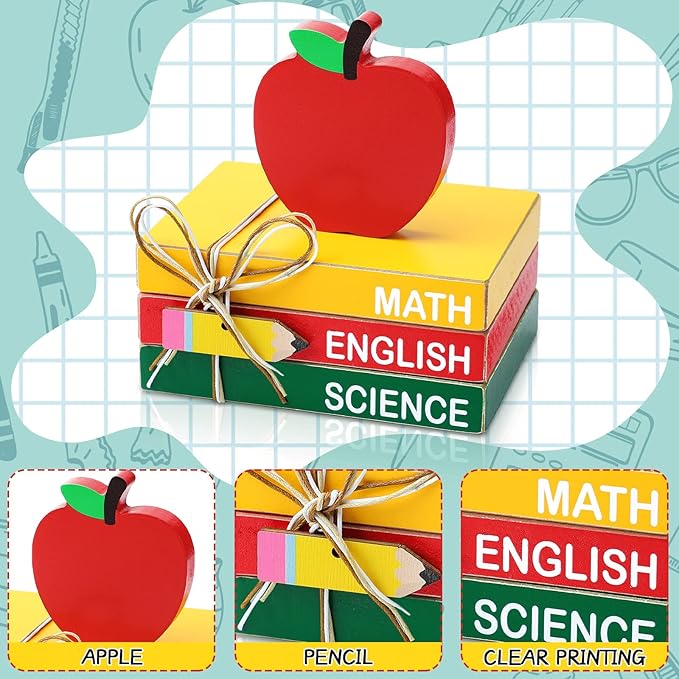 Pinkunn 4 Pcs Back to School Table Decorations, Wooden Apple Centerpiece Stacks - Image 4