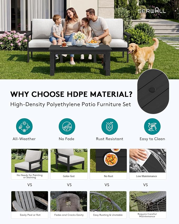 SERWALL HDPE Patio Sofa Set, 4-piece Sectional Outdoor Furniture Set, All - Image 3