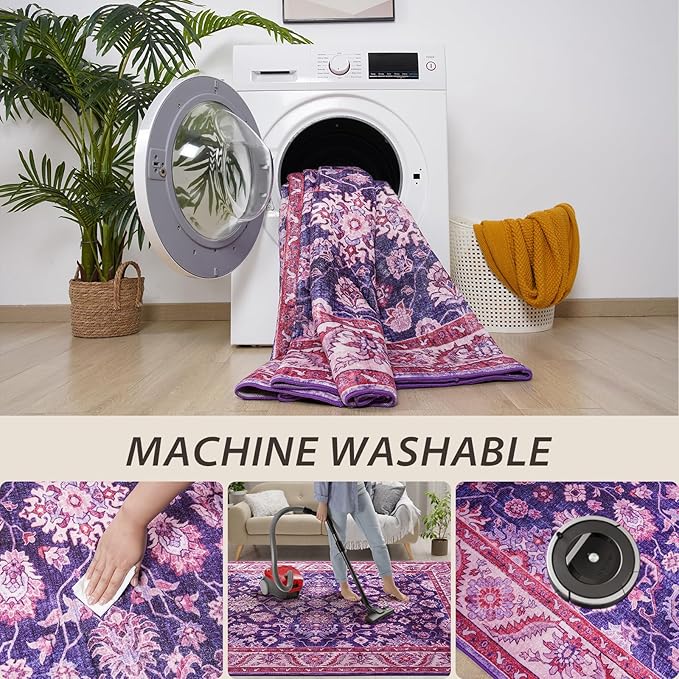 Purple Area Rugs for Living Room, Washable 5x7 Area Rug for Bedroom, Retro - Image 3