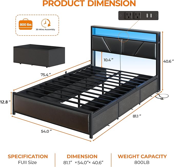 OURPIC Full Size Bed Frame, 2-Tier Storage Headboard & 6 Fabric Drawers - Image 2