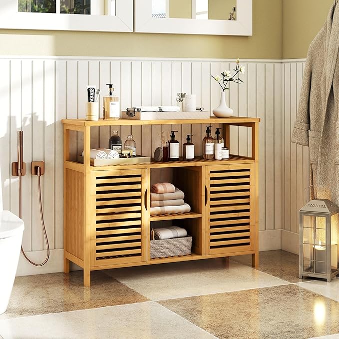 Giantex Bamboo Bathroom Storage Cabinet, 2-Door Storage Organizer - Image 2