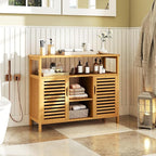 Giantex Bamboo Bathroom Storage Cabinet, 2-Door Storage Organizer - Image 2