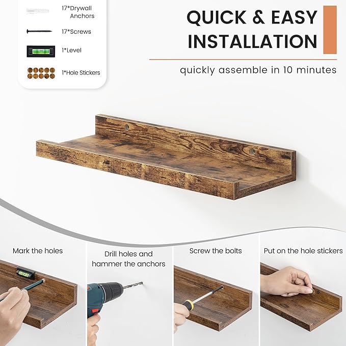 Floating Picture Ledge Shelves Set of 8, 16 Inch Solid Wood Wall Shelves - Image 5
