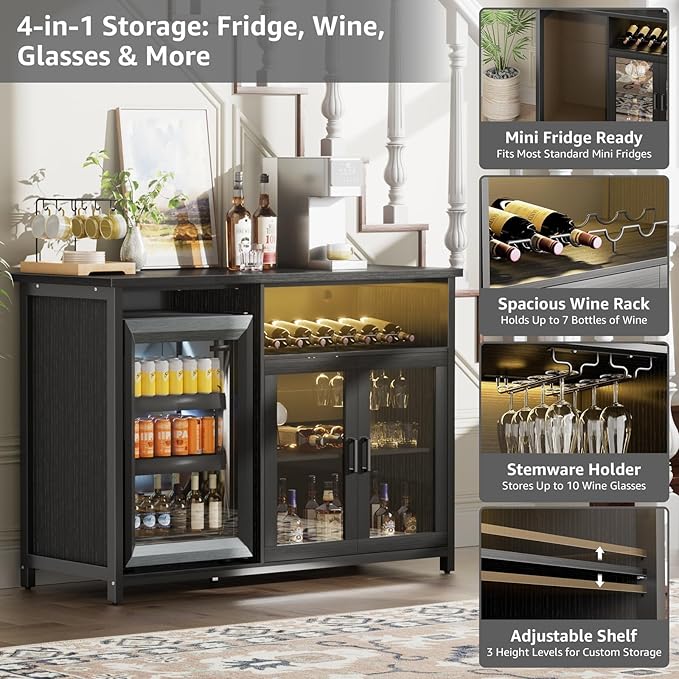 Wine Bar Cabinet with Mini Fridge Space, Sideboard Buffet Table - Image 3