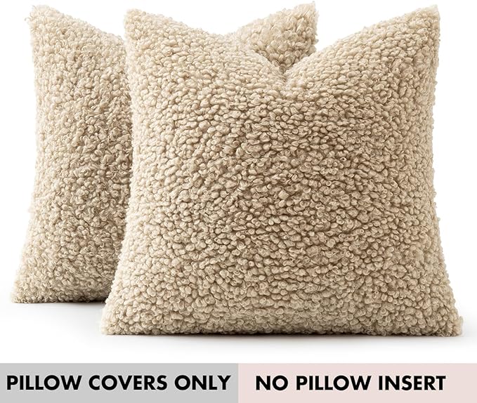 Faux Fur Throw Pillow Covers 20x20 Inch Set of 2 Boucle Neutral Decorative - Image 7