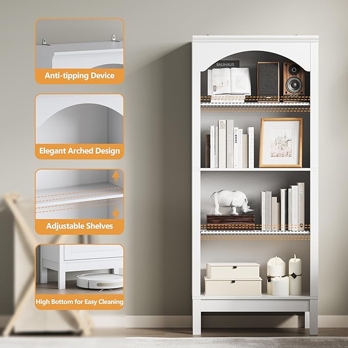 Arched Bookshelf with 4 Tier Open Shelves, Study and Living Room, Modern White - Image 5