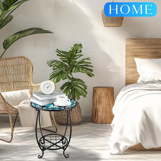 Cinnvoice Outdoor Side Table Round Small Mosaic Patio Accent Indoor End Plant - Image 4