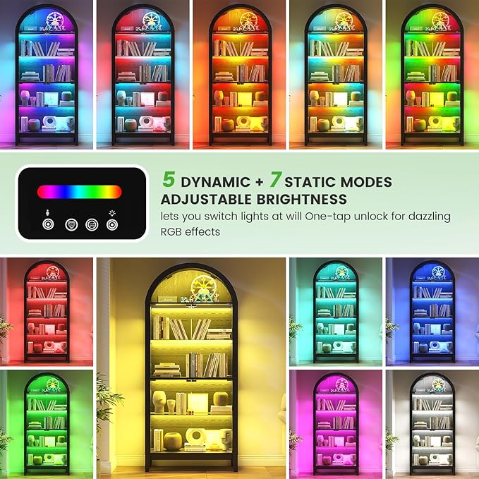 HNEBC Arched Book Shelf with Glass Doors, LED Bookcase with RGB Lights - Image 4