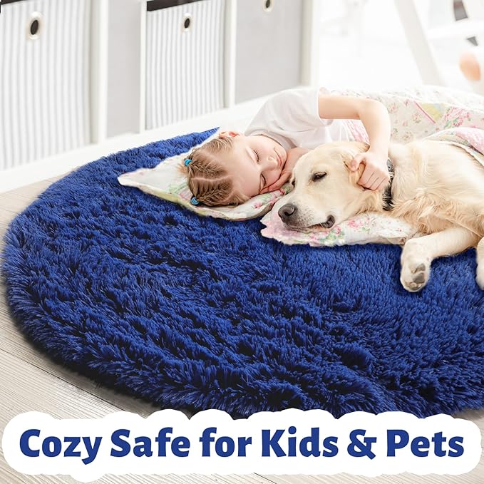 Navy Blue Round Rug 6Ft for Boys Bedroom, Large Fluffy Fuzzy Circle Area Rugs - Image 2